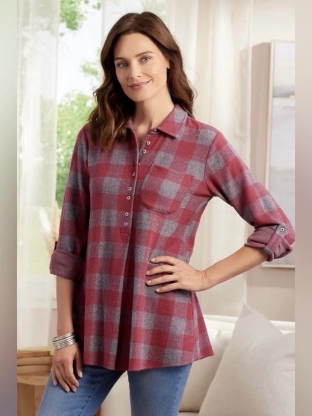 SOFT SURROUNDINGS Rio Red Buffalo Check Mad About Plaid Tunic SO SOFT Size Small